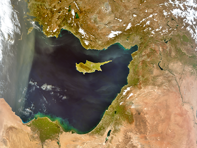 Moving to the eastern end of the Mediterranean Sea reveals a diversity of terrains. The Nile delta (bottom left) stands out as green within the desert of Egypt. Green patches are also seen along the coasts of Israel, Lebanon, and Syria. Centered on the image is the island of Cyprus, located south of Turkey. Credit: NASA