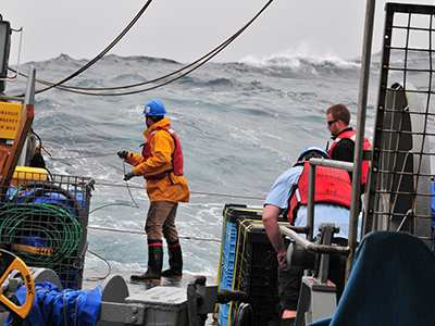 Working on the ocean presents many challenges, including the threat of rough seas, inclement weather, nosy vertebrates, and round-the-clock sampling. Credit: NASA GSFC
