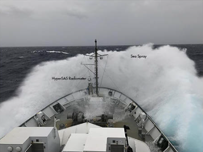 A view of the HyperSAS radiometer in the bow during rough seas. The lenses of the radiometer must be cleaned periodically because of sea spray. Credit: Kirsten Carlson (SOI)