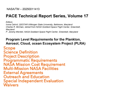 Program Level Requirements for the Plankton, Aerosol, Cloud, ocean Ecosystem Project (PLRA) Program Level Requirements for the Plankton, Aerosol, Cloud, ocean Ecosystem Project (PLRA)