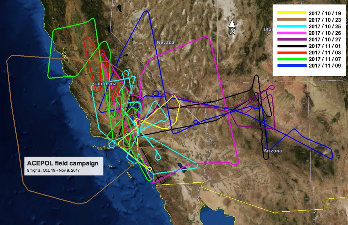 ER-2 flight tracks for the ACEPOL field campaign. NASA’s high altitude, Lockheed ER-2 Earth resources aircraft are based at the Armstrong Flight Research Center on Edwards AFB.