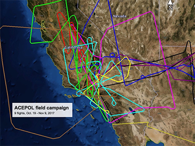 ER-2 flight tracks for the ACEPOL field campaign. NASA’s high altitude, Lockheed ER-2 Earth resources aircraft are based at the Armstrong Flight Research Center on Edwards AFB. Credit: ACEPOL