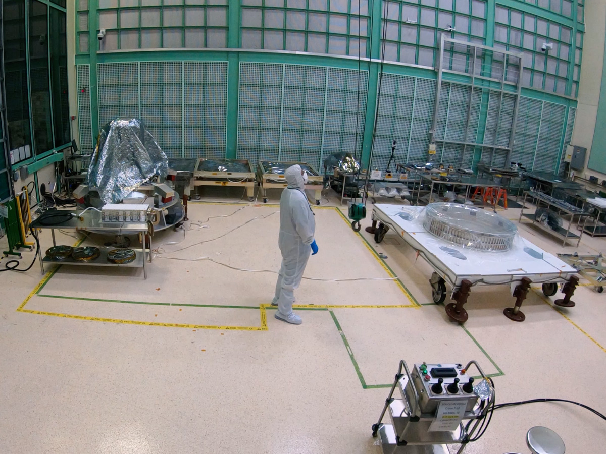 Time-lapse video of lifting the NASA PACE passive ring and propulsion module onto the observatory dolly at Goddard Space Flight Center.