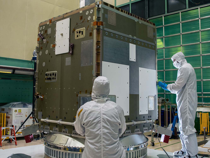 Panel (-Y) being installed on the spacecraft structure.