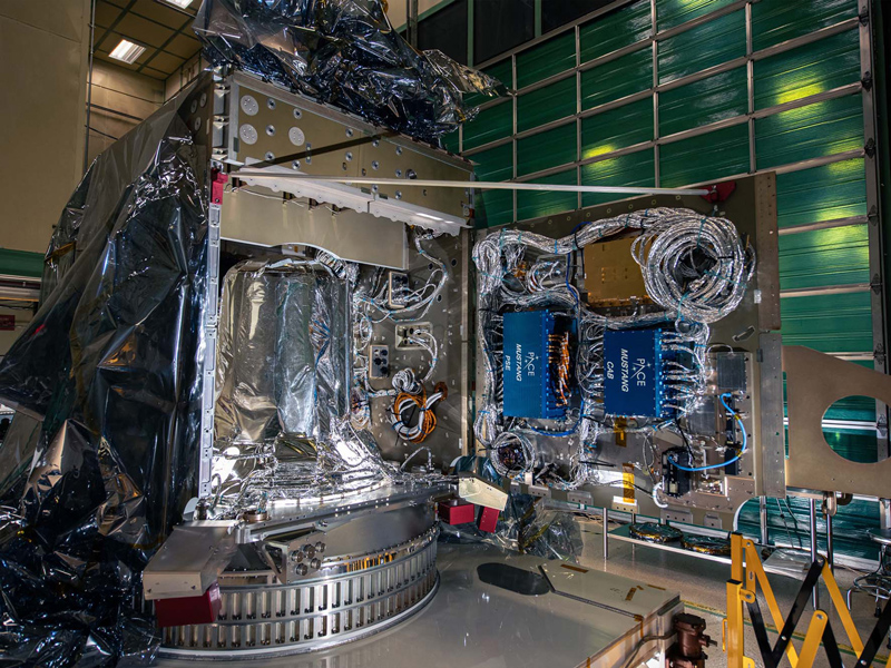 Open panel (-Y) on PACE spacecraft bus. Blue electronics boxes are for the power system electronics (PSE) and command and data handling attitude control electronics box (CAB).