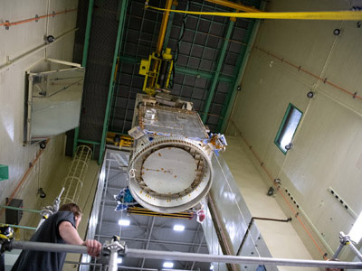 Lifting Structural Verification Unit out of chamber for the Sine Vibration Test. Credit: Henry, Dennis (Denny)