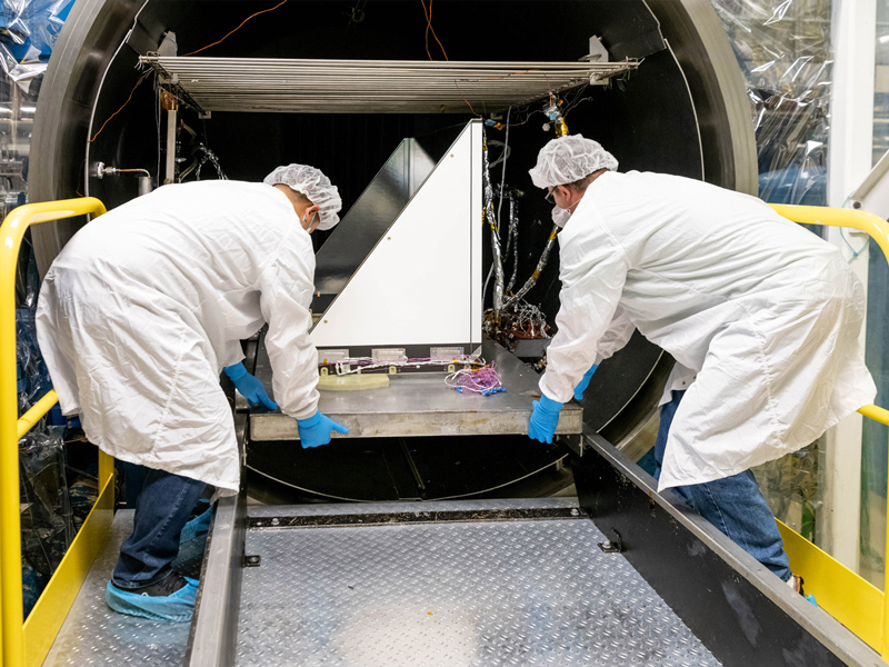 The Ocean Color Instrument Earth Shade (ES) is removed from a thermal chamber after successful testing. Credit: Mellos, Katherine