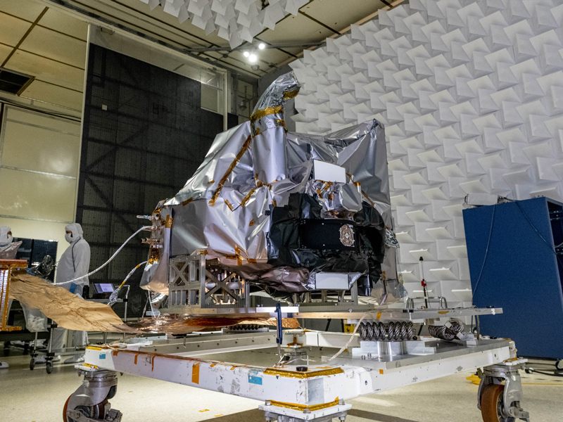 The Ocean Color Instrument is prepared for testing in the Electro-Magnetic Interference (EMI) chamber showing the Rotating Telescope side of the instrument. Credit: Mellos, Katherine