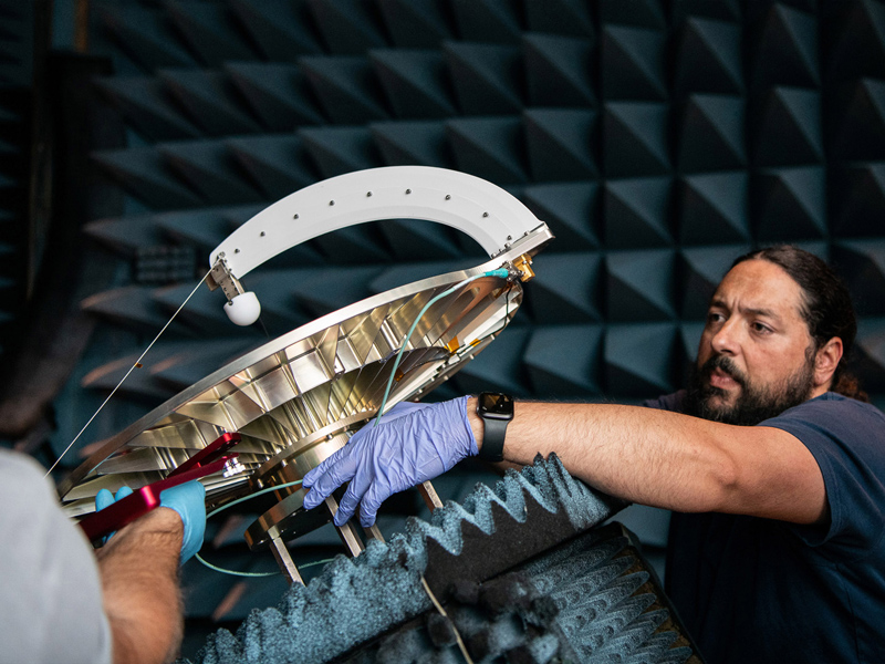 Radiofrequency testing setup after spacecraft vibration test.