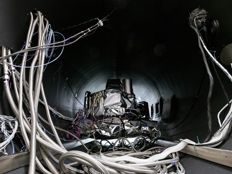 The Ocean Color Instrument is installed in the Thermal Vacuum (TVAC) chamber and prepared for thermal testing. Credit: Mellos, Katherine
