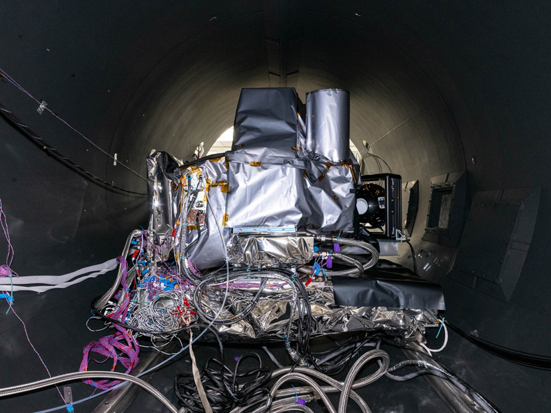 The flight Ocean Color Instrument is installed in the Thermal Vacuum Chamber (TVAC) for environmental testing. Credit: Mellos, Katherine