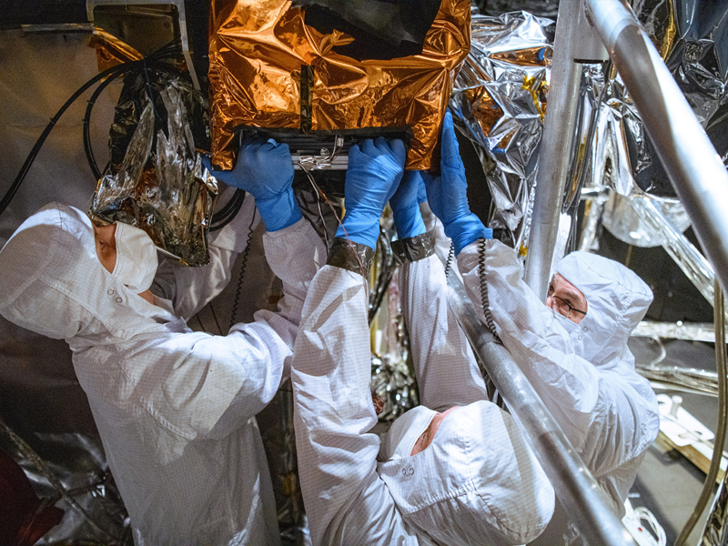 PACE Observatory thermal vacuum testing: Configure for Thermal Vacuum Test (Chamber Break); HARP2 sphere lift. Credit: NASA