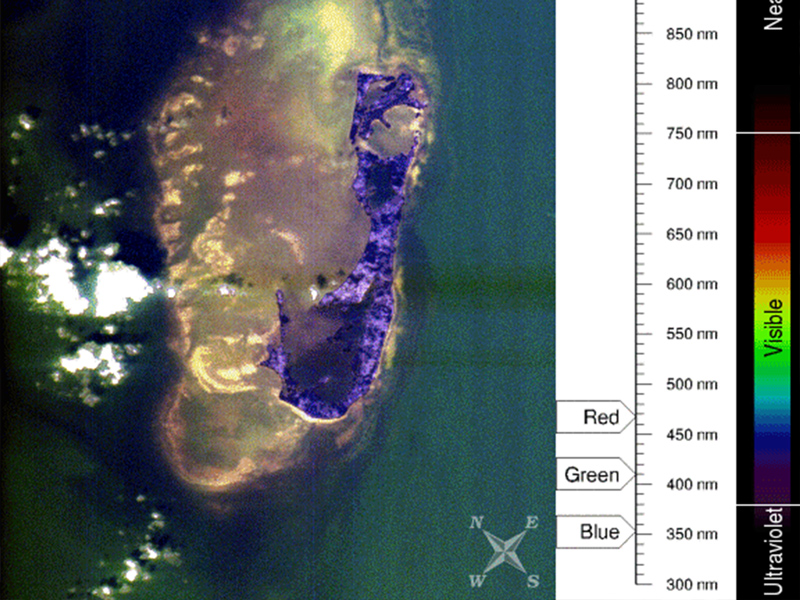 Hyperspectral measurements collected from orbit over <a href="https://www.google.com/maps/place/Bermuda/@32.3192793,-64.8366121,12z/data=!3m1!4b1!4m5!3m4!1s0x8a2d139e8668b0a5:0x3cdffdc72c99b8bc!8m2!3d32.3078!4d-64.7505">Bermuda</a> on August 17, 2013. The animation cycles through 128 channels - three at a time. The sliders on the right show which channels (represented by their central wavelength in nanometers) were used for the red, green, and blue components of each frame of the animation. Credit: Norman Kuring (NASA)