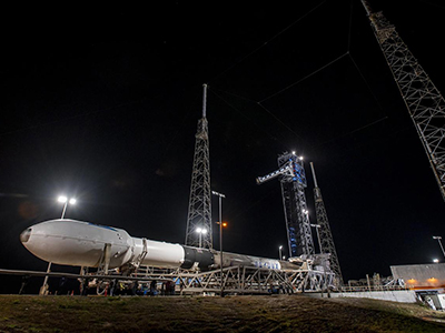 A SpaceX Falcon 9 rocket with NASA’s  PACE spacecraft encapsulated atop is rolled to the launch pad at Space Launch Complex 40 at Cape Canaveral Space Force Station in Florida on Monday, Feb. 5, 2024. Credit: SpaceX