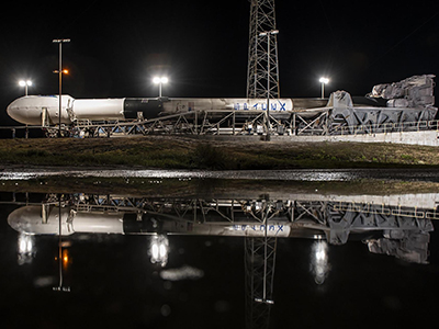 A SpaceX Falcon 9 rocket with NASA’s PACE spacecraft encapsulated atop is rolled to the launch pad at Space Launch Complex 40 at Cape Canaveral Space Force Station in Florida on Monday, Feb. 5, 2024. Credit: SpaceX