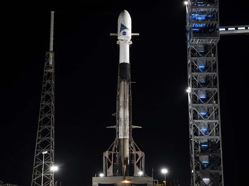 A SpaceX Falcon 9 rocket with NASA’s PACE spacecraft encapsulated atop is raised to a vertical position at Space Launch Complex 40 at Cape Canaveral Space Force Station in Florida on Monday, Feb. 5, 2024. Credit: NASA