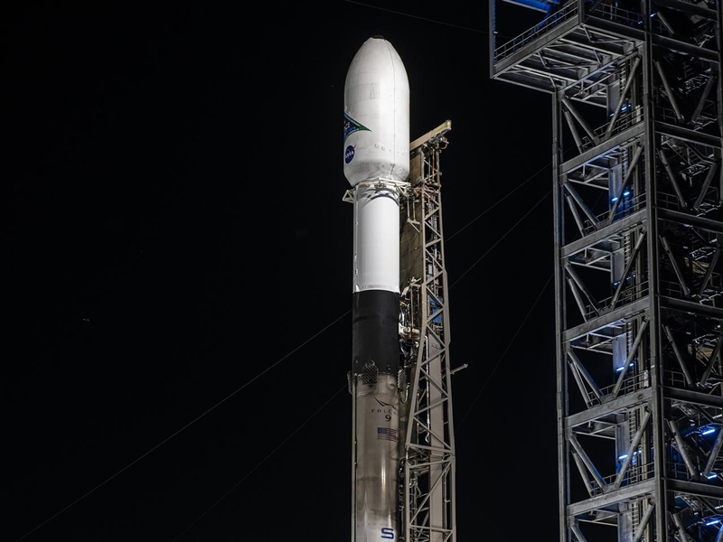 A SpaceX Falcon 9 rocket with NASA’s PACE spacecraft encapsulated atop is raised to a vertical position at Space Launch Complex 40 at Cape Canaveral Space Force Station in Florida on Monday, Feb. 5, 2024. Credit: SpaceX