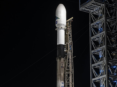A SpaceX Falcon 9 rocket with NASA’s PACE spacecraft encapsulated atop is raised to a vertical position at Space Launch Complex 40 at Cape Canaveral Space Force Station in Florida on Monday, Feb. 5, 2024. Credit: SpaceX
