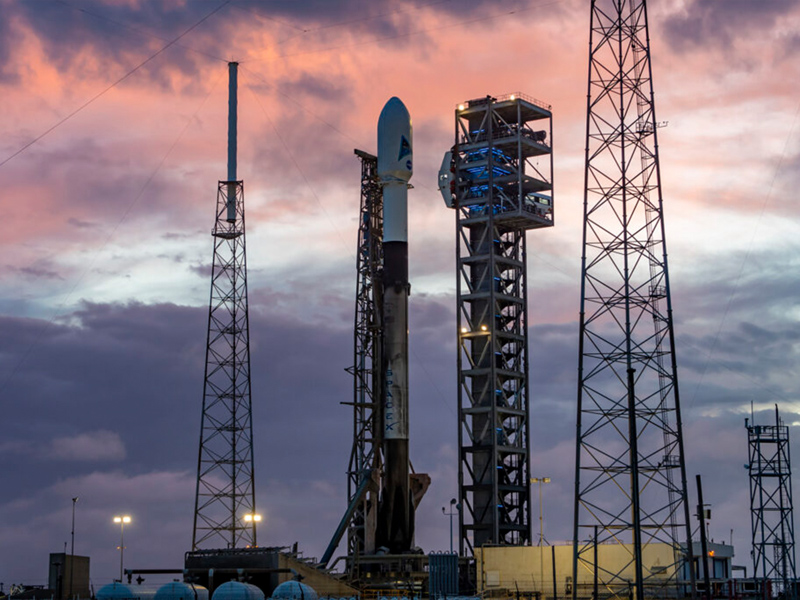 A SpaceX Falcon 9 rocket with NASA’s PACE spacecraft stands vertical at Space Launch Complex 40 at Cape Canaveral Space Force Station in Florida on Monday, Feb. 5, 2024. Liftoff of the PACE mission is set for no earlier than 1:33 a.m. EST on Thursday, Feb. 8, 2024. Credit: SpaceX