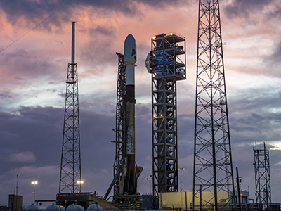 A SpaceX Falcon 9 rocket with NASA’s PACE spacecraft stands vertical at Space Launch Complex 40 at Cape Canaveral Space Force Station in Florida on Monday, Feb. 5, 2024. Liftoff of the PACE mission is set for no earlier than 1:33 a.m. EST on Thursday, Feb. 8, 2024. Credit: SpaceX