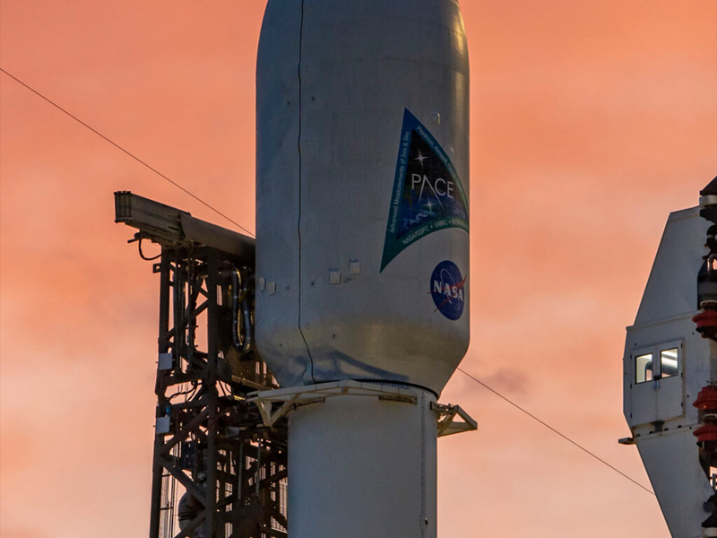 PACE is NASA’s newest earth-observing satellite that will help increase our understanding of Earth’s oceans, atmosphere, and climate by delivering hyperspectral observations of microscopic marine organisms called phytoplankton as well new data on clouds and aerosols. Credit: SpaceX
