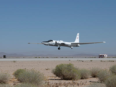 The NASA ER-2 during landing at the NASA Armstrong Flight Research Center in Lancaster, CA.  