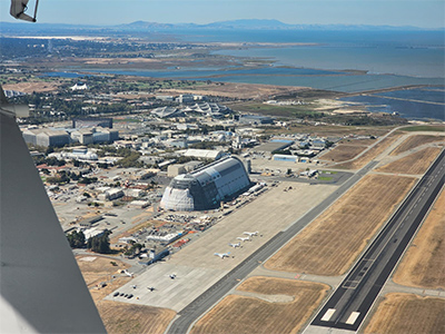 Hangar One and NASA Ames Research Center in Moffett Field, CA taken from the Naval Postgraduate School (NPS) CIRPAS Twin Otter on September 12th, 2024.