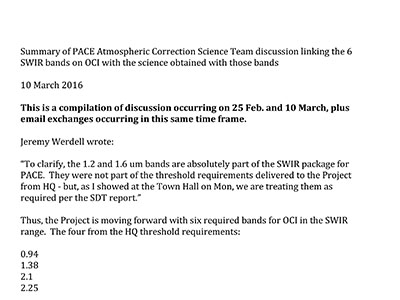 PACE Shortwave Infrared Bands Consensus Document