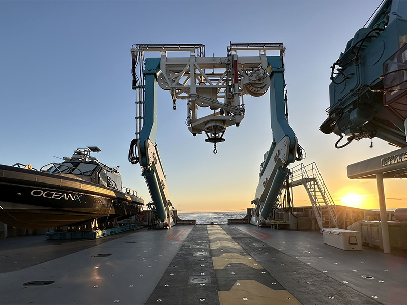 Photo of OceanXplorer’s stern deck, taken off the coast of west Africa. The OceanXplorer is an advanced exploration, research an