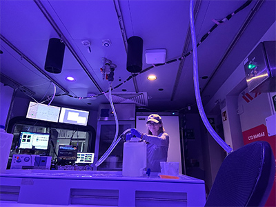 Maria Tzortziou in the wet lab onboard the OceanXplorer.