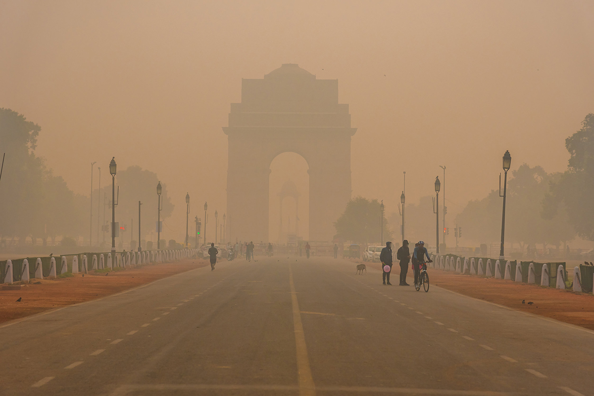 Dense air pollution at India Gate, New Delhi.