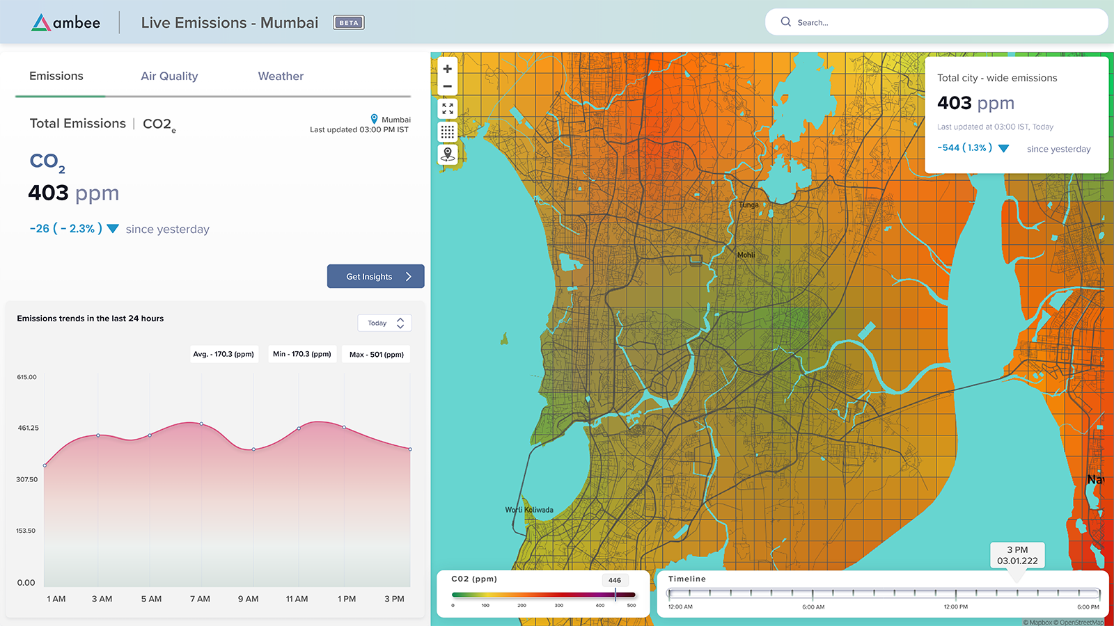 Screen capture from the Live Emissions air quality app for carbon dioxide in Mumbai, India. 
