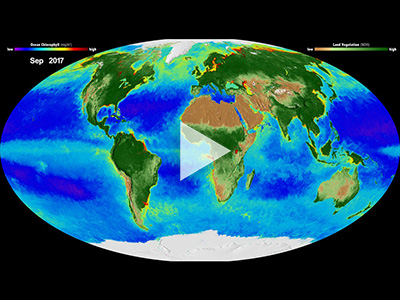 This data visualization shows the Earth’s biosphere from September 1997 through September 2017. It represents twenty years of data taken primarily by SeaStar/SeaWiFS, Aqua/MODIS, and Suomi NPP/VIIRS satellite sensors, and shows the abundance of life both on land and in the sea. Credit: NASA GSFC