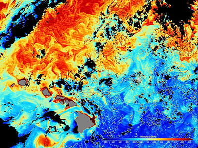 Satellite image showing a cruise track against a background of ocean color data