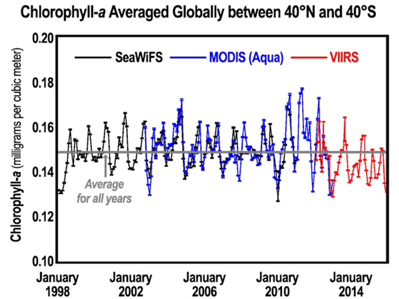 An 18-year continuous record shows variation in average chlorophyll-a concentrations (about 0.15 milligrams per cubic meter) between 40°N and 40°S latitude. Credit: Figure updated from Franz et al., State of the Climate in 2014, Bulletin of the American Meteorological Society.