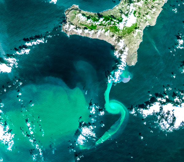 Ocean color image of an underwater volcanic eruption in the Canary Islands