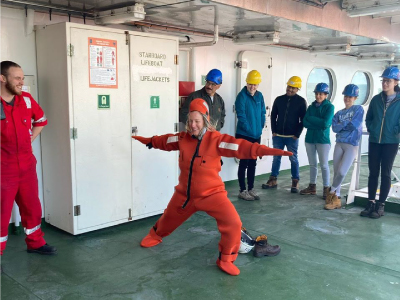 Boat/immersion suit drill onboard the RRS <em>Discovery</em>. Credit: Chelsea Nicole
