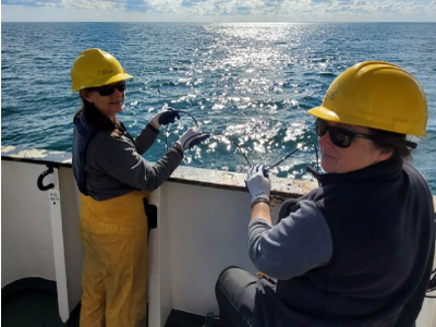 Collin Roesler and Susan Drapeau deploy the HTSRB - also known as the Hester-B or Hyperspectral Tethered Spectral Radiometer Buoy - which carries a sensor used to measure the optical properties of water. Credit: Taylor Crockford