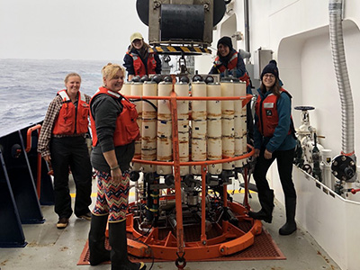 Scientists prepare to deploy a Conductivity, Temperature, and Depth (CTD) instrument