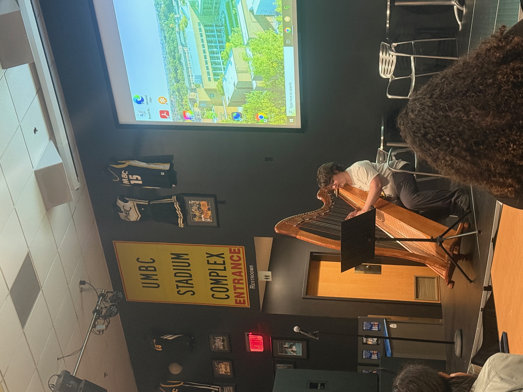 A hackweek participant plays the harp.