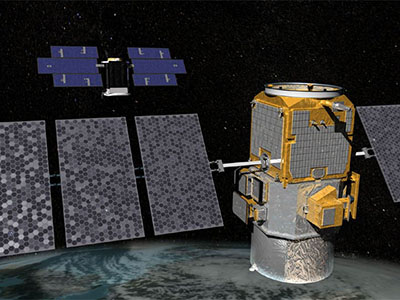 CALIPSO (foreground) and CloudSat (background) can be used to study the effects of clouds and aerosols on climate and weather. Credit: NASA
