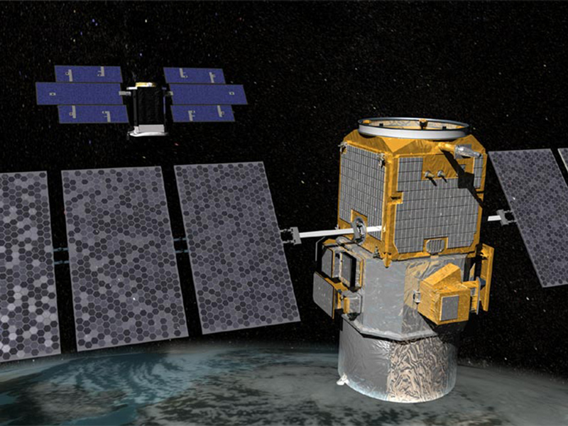 CALIPSO (foreground) and CloudSat (background) can be used to study the effects of clouds and aerosols on climate and weather. Credit: NASA