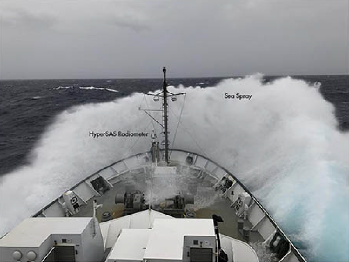 Waves crash over the bow of the R/V Falkor