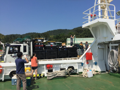 Scientific equipment is organized dockside for loading on board the R/V <em>Onnuri</em>. Credit: Joaquin Goes (Columbia University)