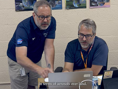 Jeremy Werdell (NASA GSFC, PACE Project Scientist), and Kirk Knobelspiesse (NASA GSFC, PACE-PAX Mission Scientist) discuss flight operations during the ER-2 deployment at Armstong Flight Research Center, CA.
