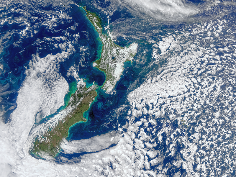 New Zealand’s North and South Islands are surrounded by various 