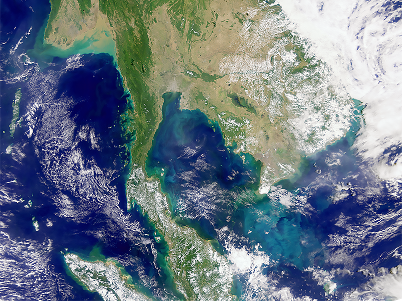 The Gulf of Thailand is seen at the center of this image