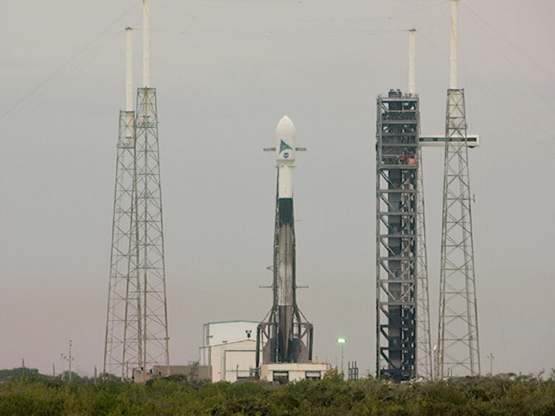 A SpaceX Falcon 9 rocket topped with NASA’s PACE spacecraft inside a protective payload fairing is raised vertical at Space Launch Complex 40 at Cape Canaveral Space Force Station in Florida ahead of a 1:33 a.m. EST launch attempt on Tuesday, Feb. 6, 2024. Credit: NASA