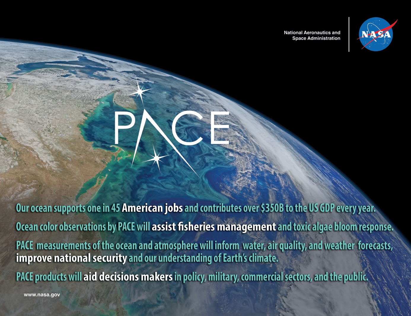 PACE will be the first mission to provide measurements that enable prediction of the boom-bust of fisheries, the appearance of harmful algae, and other factors that affect commercial and recreational industries. 