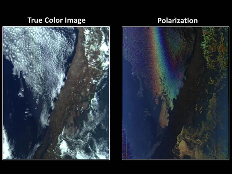 Early images from PACE’s HARP2 polarimeter captured data on clouds over the west coast of South America on Mar. 11, 2024. The polarimetry data can be used to determine information about the cloud droplets that make up the cloudbow – a rainbow produced by sunlight reflected by cloud droplets instead of rain droplets. Scientists can learn how the clouds respond to man-made pollution and other aerosols and can measure the size of the cloud droplets with this polarimetry data. Credit: UMBC